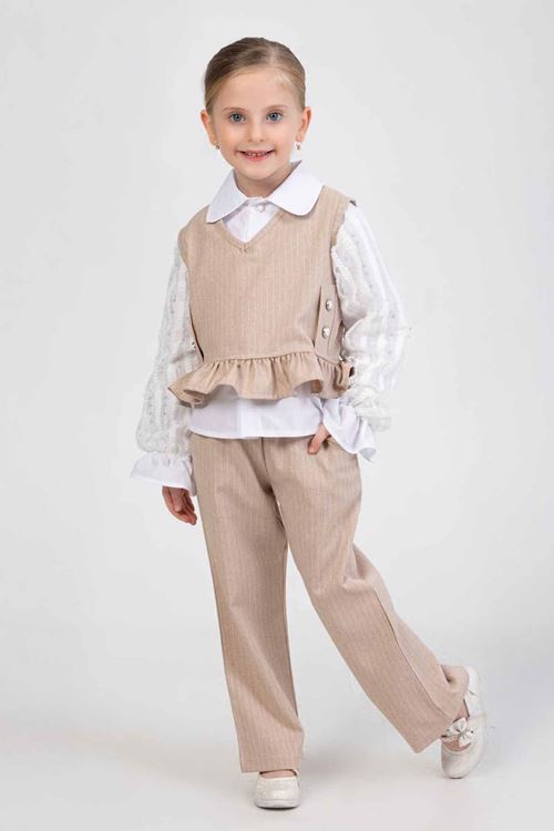 Miniğimin Cicileri Kol Pul İşleme Şeritli Kız Çocuk 3 lü Düğme Detaylı Takım - Bej