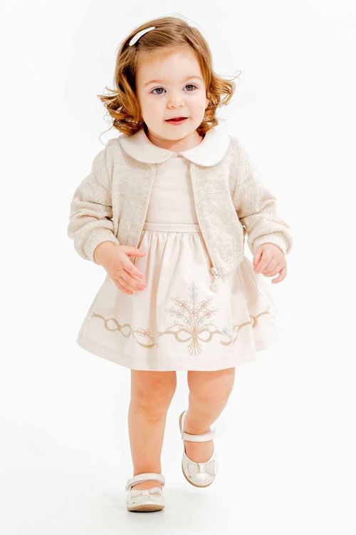 Miniğimin Cicileri (9-24 Ay) Bebe Yaka, İşleme Detaylı İşlemeli Kız Bebe Elbise Takım - Bej