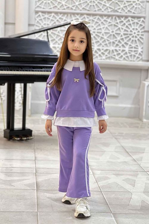 Miniğimin Cicileri Kol Bağcıklı Gömlek Detaylı Kız Çocuk 2 li Takım (Dar Kalıp) - Lila