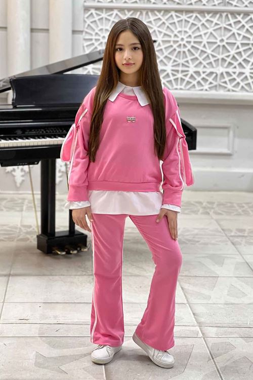 Miniğimin Cicileri Kol Bağcıklı Gömlek Detaylı Kız Çocuk 2 li Takım (Dar Kalıp) - Pembe