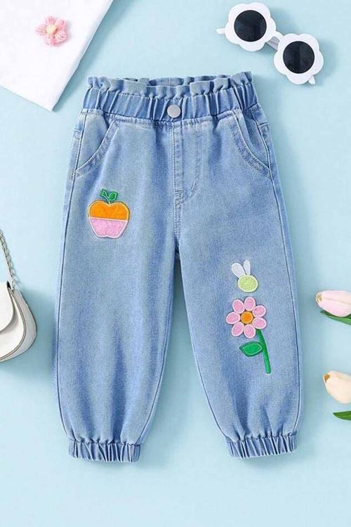 Miniğimin Cicileri Çiçek Aplike İşlemeli Cepli Kız Çocuk Yumuşak Kot Pantolon - Açık Mavi