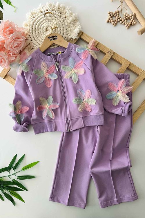 Miniğimin Cicileri 3D Çiçek İşlemeli Renkli Fermuarlı Kız Çocuk Eşofman Takımı - Lila