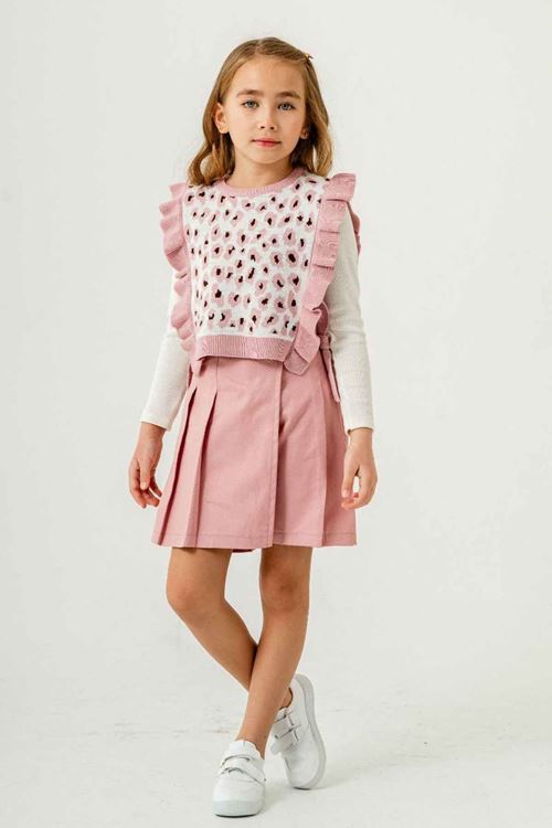 Miniğimin Cicileri Leopar Triko Desenli Fırfırlı Kız Çocuk Şort Etekli Takım - Pembe