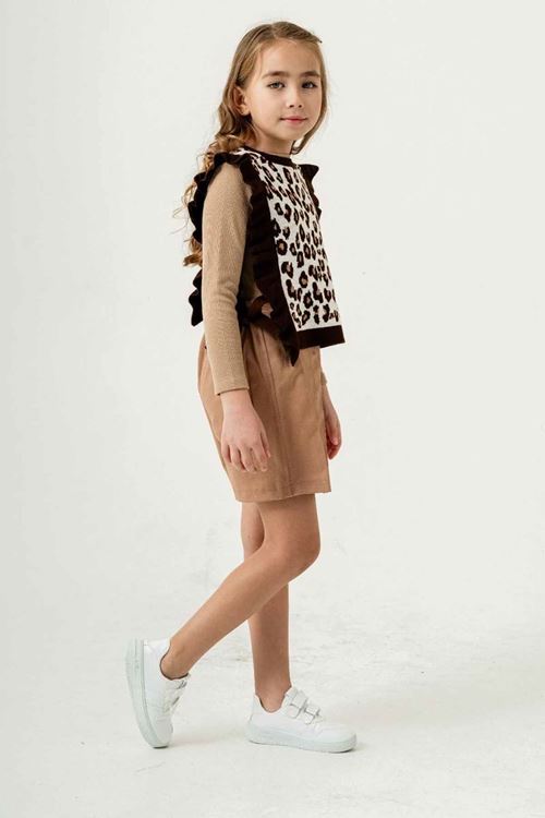 Miniğimin Cicileri Leopar Triko Desenli Fırfırlı Kız Çocuk Şort Etekli Takım - KoyuKahve