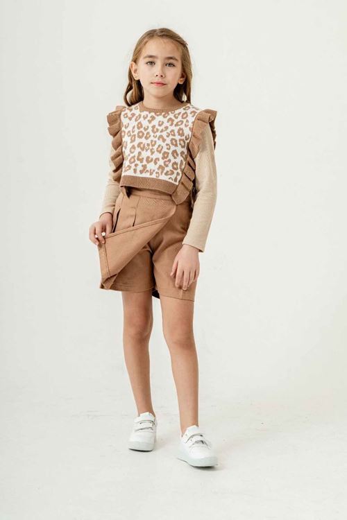 Miniğimin Cicileri Leopar Triko Desenli Fırfırlı Kız Çocuk Şort Etekli Takım - Açık Kahve