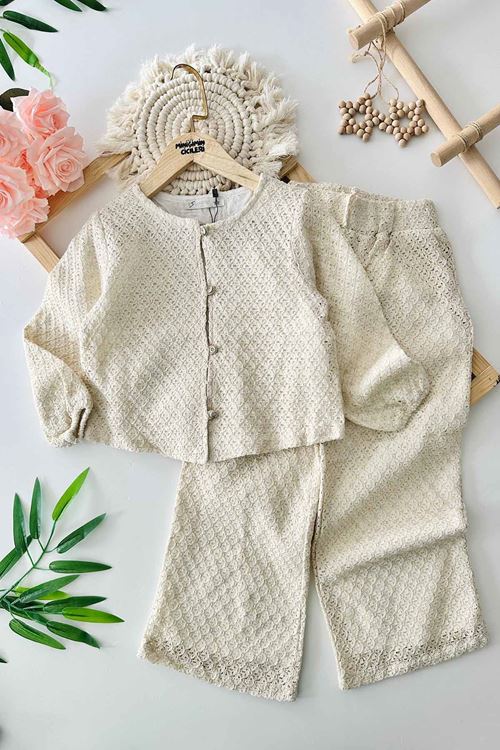 Miniğimin Cicileri Altın Yaldızlı Örgü Desenli Kız Çocuk Pamuk Astarlı Kız Çocuk Takım - Krem