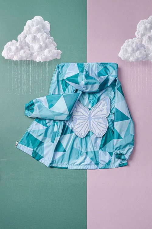 Miniğimin Cicileri (5-8 Yaş) Kelebek detaylı Kapüşonlu Kız Çocuk Astarlı Mevsimlik Yağmurluk - Su Yeşili