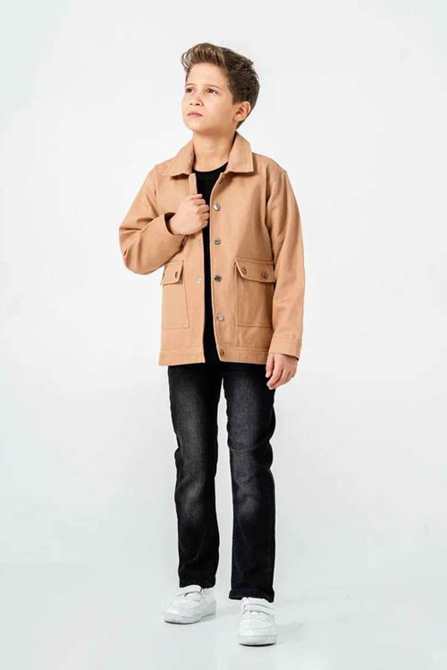 Miniğimin Cicileri (9-12 Yaş) Düğmeli Cepli Keten Gömlekli Erkek Çocuk 3 lü takım - Taba