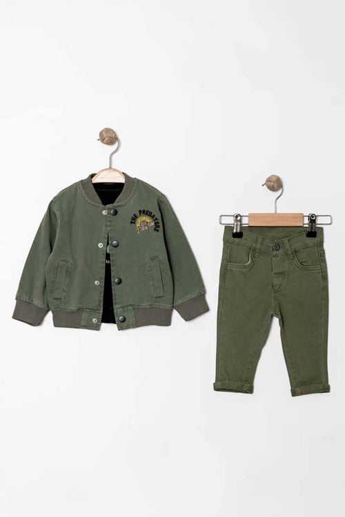 Miniğimin Cicileri (9-24 Ay) Arma İşlemeli Cepli Keten Ceketli Erkek Bebe 3 lü takım - Yeşil