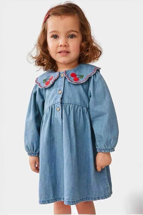 Miniğimin Cicileri Yaka Kiraz İşleme Düğme Detaylı Kot Kız Çocuk Elbise - Mavi