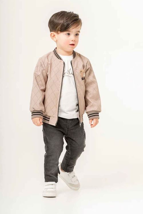 Miniğimin Cicileri (9-24 Ay) Deri Bear Fırçalı İşlemeli Erkek Bebe 3 lü Takım - Bej