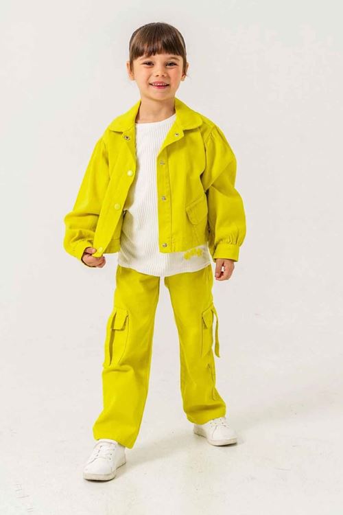 Miniğimin Cicileri Çiçek İşLeme Keten Renkli Kargo Cepli Kız Çocuk 3 lü Takım - Sarı