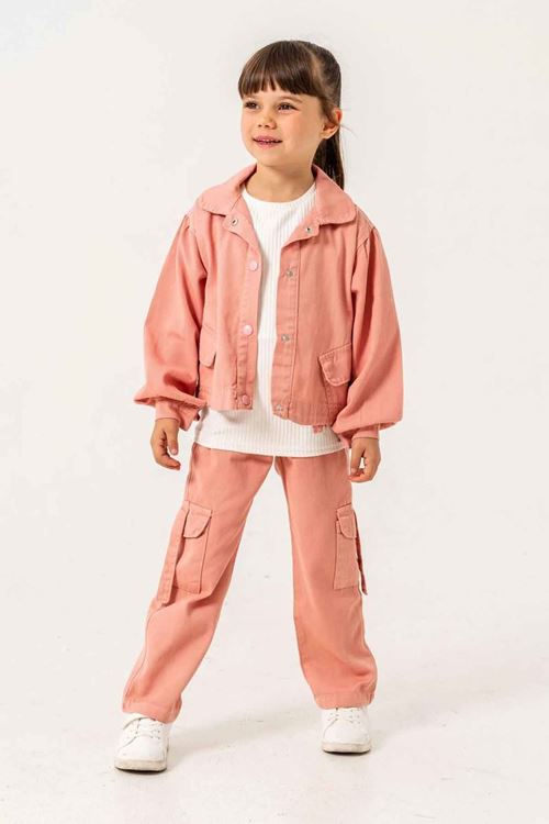 Miniğimin Cicileri Çiçek İşLeme Keten Renkli Kargo Cepli Kız Çocuk 3 lü Takım - Somon