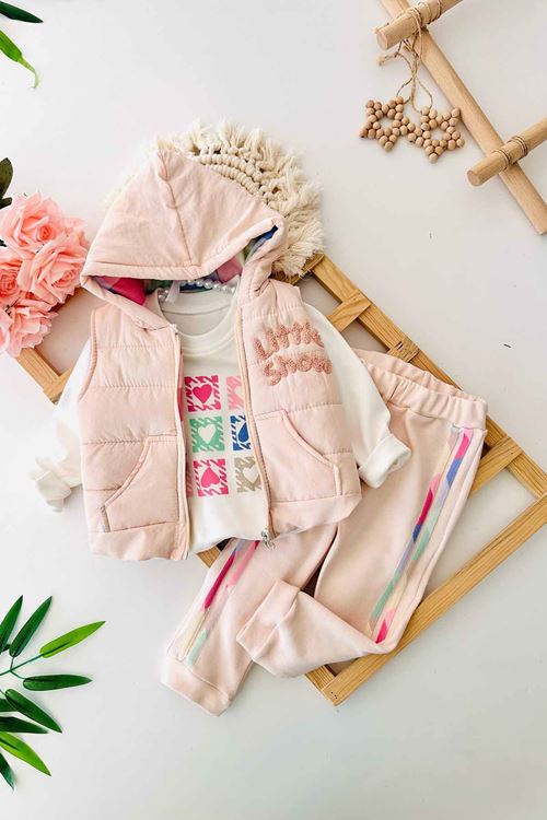 Miniğimin Cicileri Kalp Baskılı Şeritli Şişme Yelekli 3 lü Kız Bebe Takım - Pudra