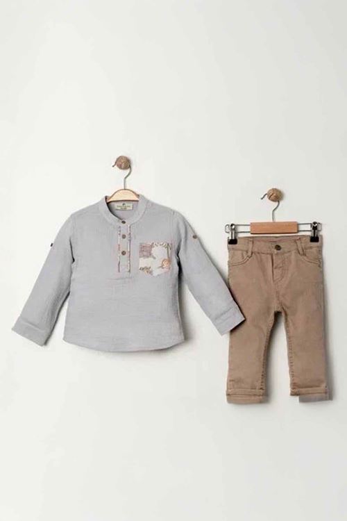 Miniğimin Cicileri Müslin Cepli Erkek Çocuk 2 li takım - Gri