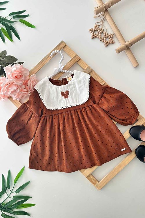 Miniğimin Cicileri Puantiyeli Mevsimlik Kadife Yakalı Kız Bebe Elbise - Kahve