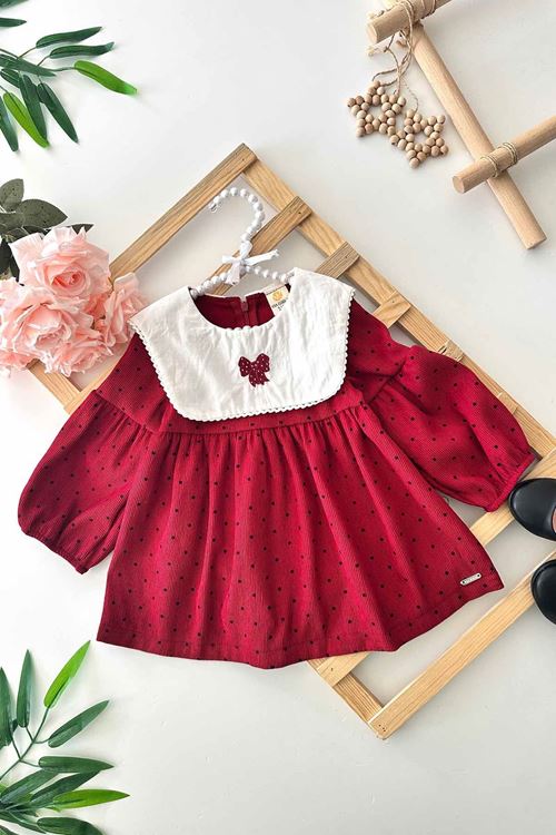 Miniğimin Cicileri Puantiyeli Mevsimlik Kadife Yakalı Kız Bebe Elbise - Bordo
