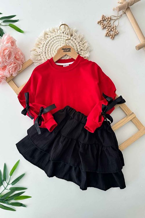 Miniğimin Cicileri Kol Kurdale Detaylı Kat Kat Etekli Kız Çocuk 2 li Takım - Kırmızı