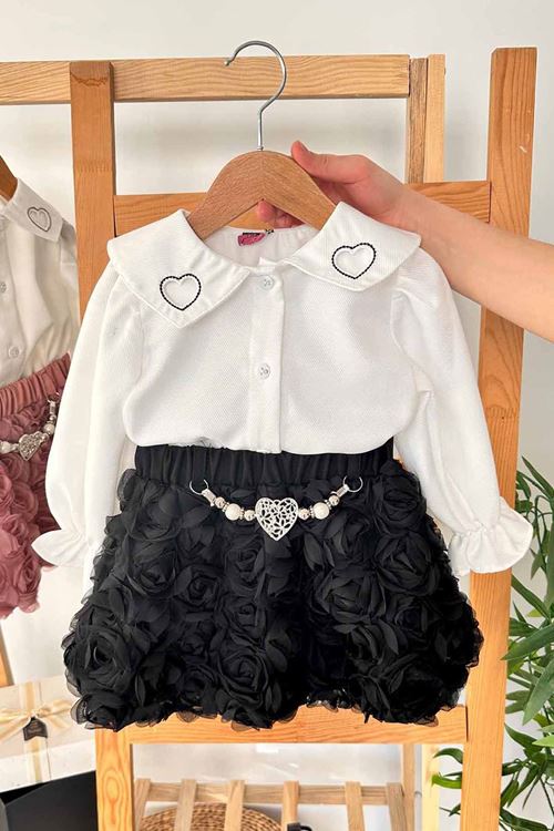 Miniğimin Cicileri Gül Dokulu Yaka Kalp Detaylı Kız Çocuk 2 li Takım - Siyah