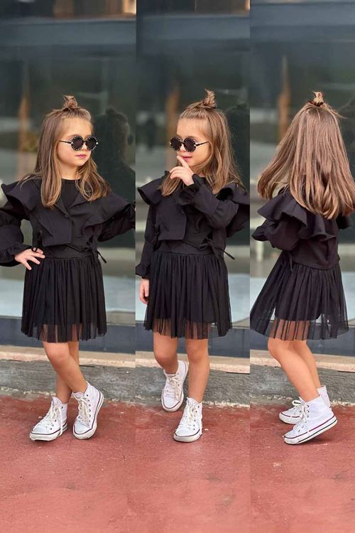 Miniğimin Cicileri Dabl Tül Etekli Volanlı Ceketli Kız Çocuk Takım - Siyah