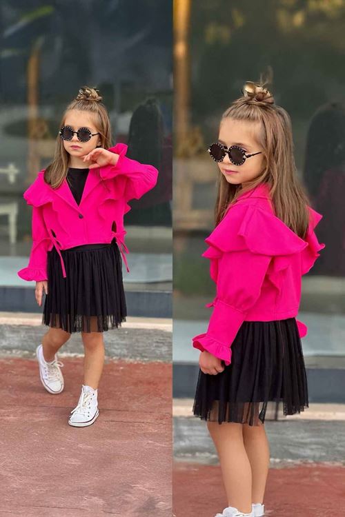 Miniğimin Cicileri Dabl Tül Etekli Volanlı Ceketli Kız Çocuk Takım - Fuşya