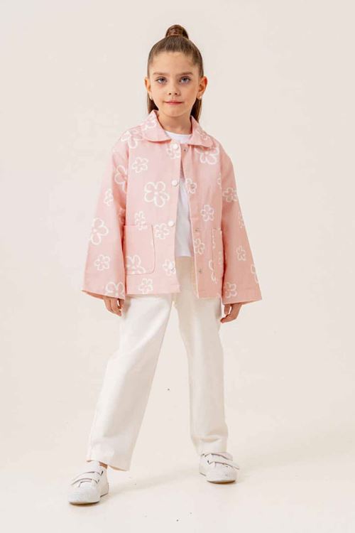 Miniğimin Cicileri Papatya Desen Ceketli Gabardin Kız Çocuk Takım - Pembe