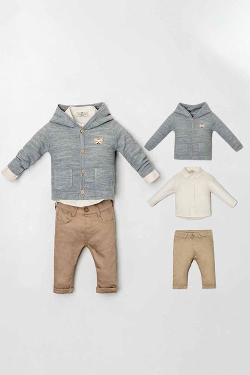 Miniğimin Cicileri Organik Bear Armalı Triko Erkek Bebe 3 lü Takım - Gri