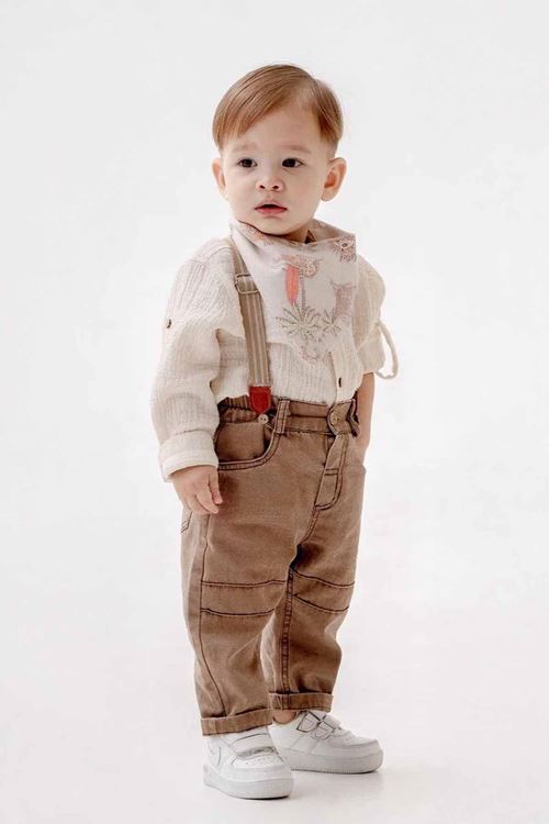 Miniğimin Cicileri Organik Pamuk Safari Palmiye Baskılı Önlük Detaylı Erkek Bebe Takım - Bej