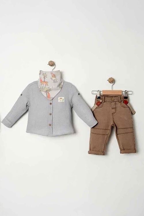 Miniğimin Cicileri Organik Pamuk Safari Palmiye Baskılı Önlük Detaylı Erkek Bebe Takım - Gri