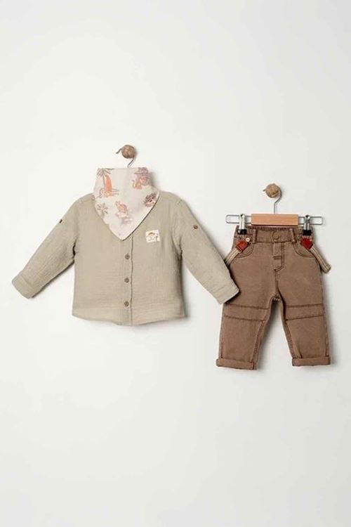 Miniğimin Cicileri Organik Pamuk Safari Palmiye Baskılı Önlük Detaylı Erkek Bebe Takım - Pastel Yeşili