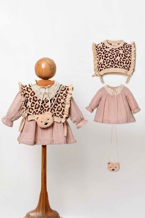 Miniğimin Cicileri Organik Ayıcık Çantalı Triko Hırkalı Müslin Kız Bebe 3 lü Takım - Pembe