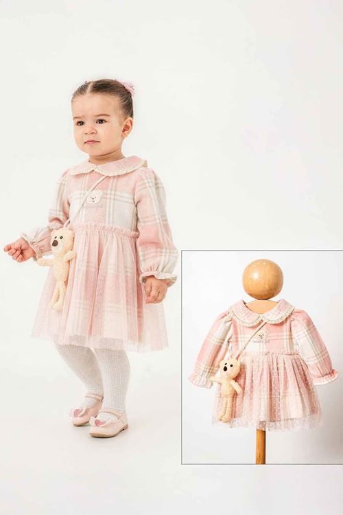 Miniğimin Cicileri Organik Ayıcık Çantalı Kız Bebe Tüllü Elbise - Pembe