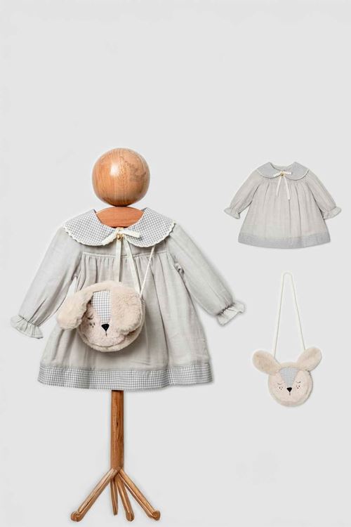 Miniğimin Cicileri Organik Ayıcık Çantalı Kız Bebe Yakalı Elbise - Açık gri