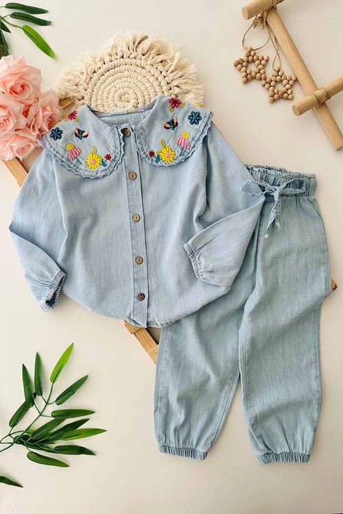 Miniğimin Cicileri Yaka Nakış Detaylı Tencel, Kot Kız Çocuk 2 li Takım - Açık Mavi