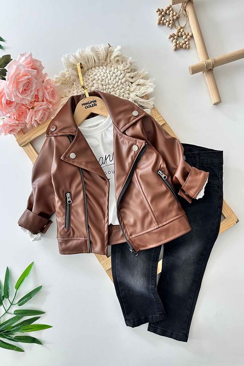 Miniğimin Cicileri Asimetrik Sunni Deri Ceketli Erkek Çocuk 3 lü Takım - Kahverengi