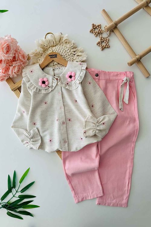 Miniğimin Cicileri Papatya Örgü Detaylı Kız Çocuk 2 li Takım - Şeker Pembe