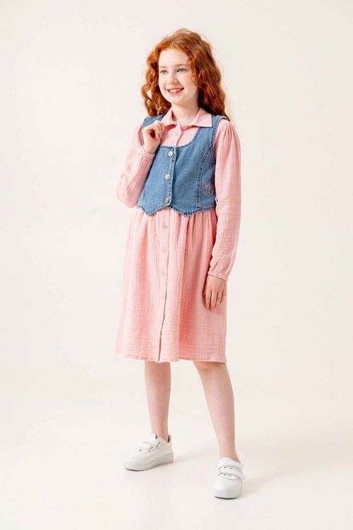 Miniğimin Cicileri Kot Cepkenli Müslin Elbiseli Kız Çocuk 2 li Takım - Pembe