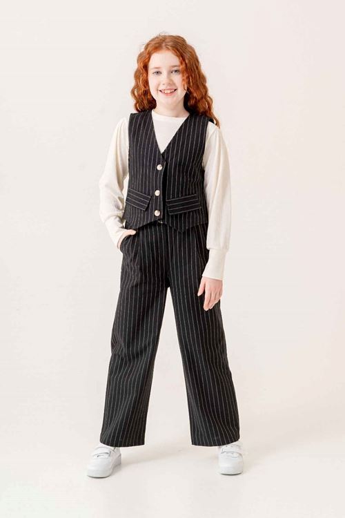 Miniğimin Cicileri (9-13 Yaş) Blazer Yelekli Çizgili 3 lü Kız Çocuk Takım - Siyah