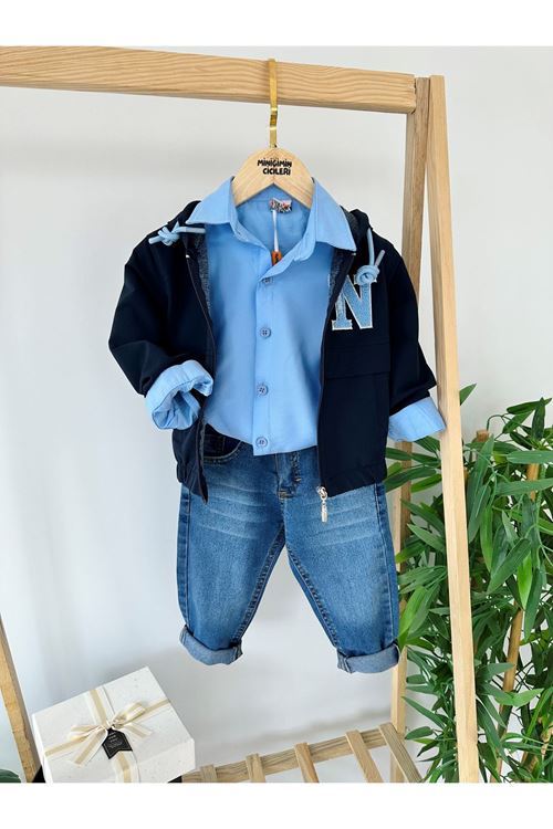 Miniğimin Cicileri N Panç İşleme Detaylı  Kol Lastikli 3 Lü Erkek Çocuk Takım - Lacivert