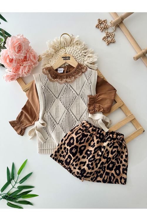 Miniğimin Cicileri Triko Leopar Desenli Kız Çocuk Etekli 3 lü Takım - Kahve