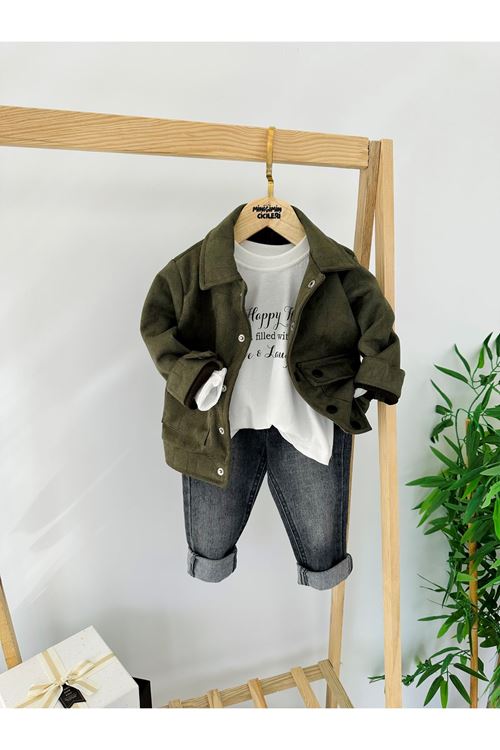 Miniğimin Cicileri (1-4 Yaş) Desenli Süet Ceketli Erkek Çocuk 3 Lü Takım - Haki