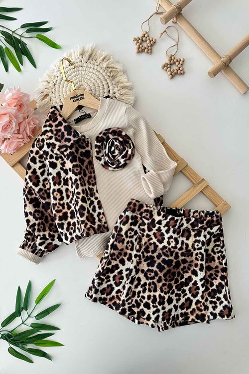 Miniğimin Cicileri Leopar Ceketli Şort Etekli Kız Çocuk 3 lü Takım - Taş