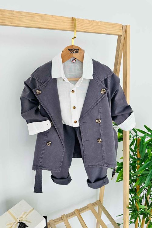 Miniğimin Cicileri Düğmeli Trenç Gömlekli 3 Lü Erkek Çocuk Takım - Antrasit