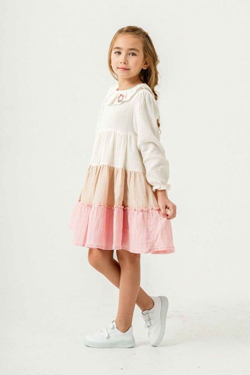 Miniğimin Cicileri Müslin Renk Geçişli Kız Çocuk Yaka Papatya Desenli Elbise - Pembe