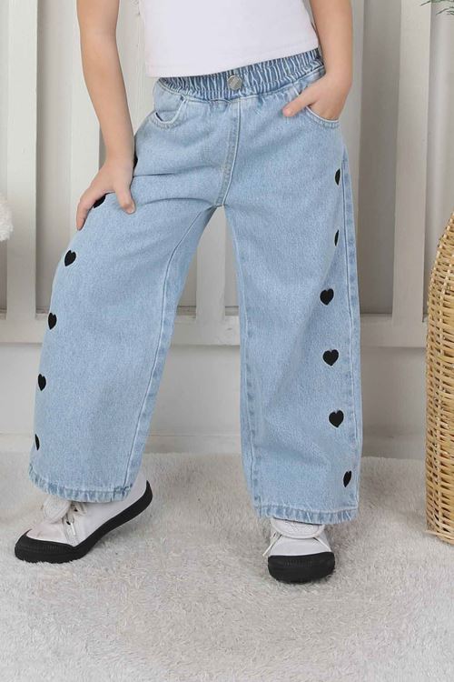 Miniğimin Cicileri Kalp İşleme Detaylı Kız Çocuk Pantolon - Açık Mavi