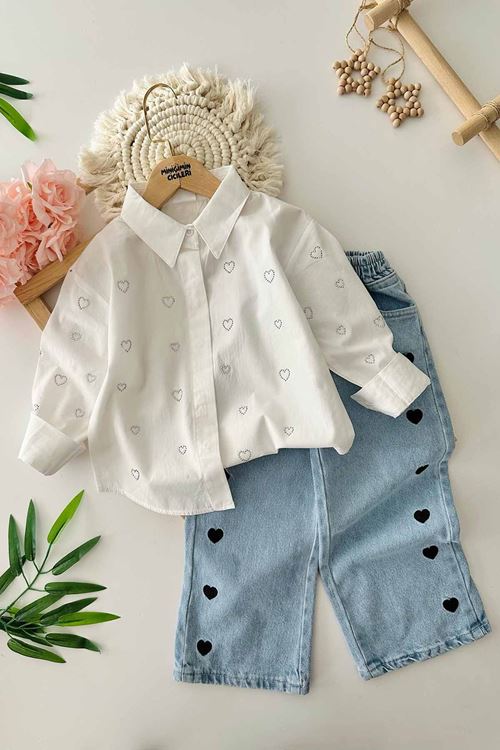 Miniğimin Cicileri Kalp Detaylı Kız Çocuk 2 li Kotlu Takım - Açık Mavi