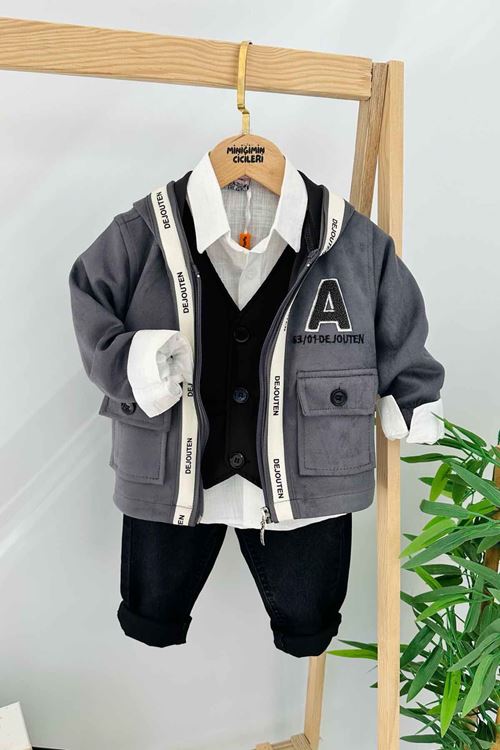 Miniğimin Cicileri Şerit Detaylı Cepkenli Erkek Çocuk 4 lü Takım - Antrasit
