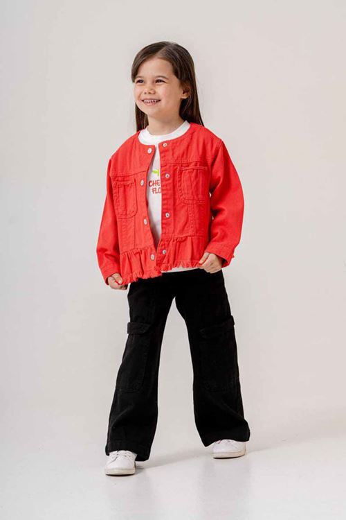 Miniğimin Cicileri Cepli Kırmızı Ceket, Baskılı Tişört ve Bol Paça Pantolon 3'lü Kız Çocuk Takımı - Turuncu