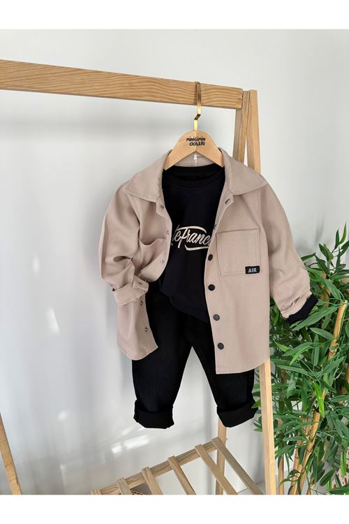 Miniğimin Cicileri (5-8 Yaş) Gabardin Gömlekli Erkek Çocuk 3 Lü Takım - Bej