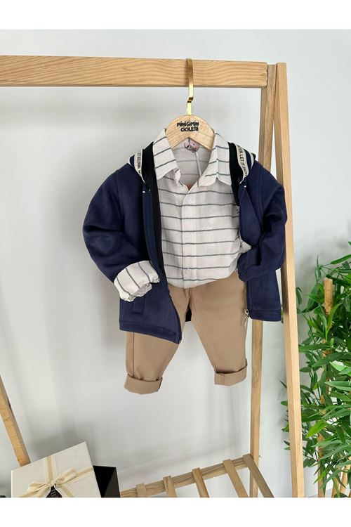 Miniğimin Cicileri Süet Ceketli Şerit Detaylı Kapüşonlu Erkek Çocuk 3 lü Takım - Lacivert